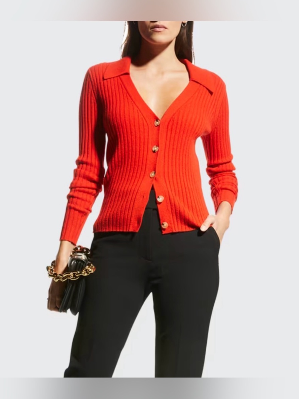 Veronica Beard Lazana 100% Cashmere Ribbed V-Neck Cardigan Red Sweater Size XS
